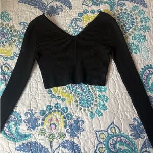 Black Ribbed V-Neck Women's Top